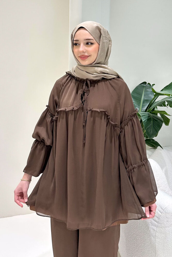Lunessa Şifon Pantolonlu Takım - Kahverengi - 6