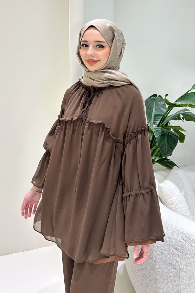 Lunessa Şifon Pantolonlu Takım - Kahverengi - 8