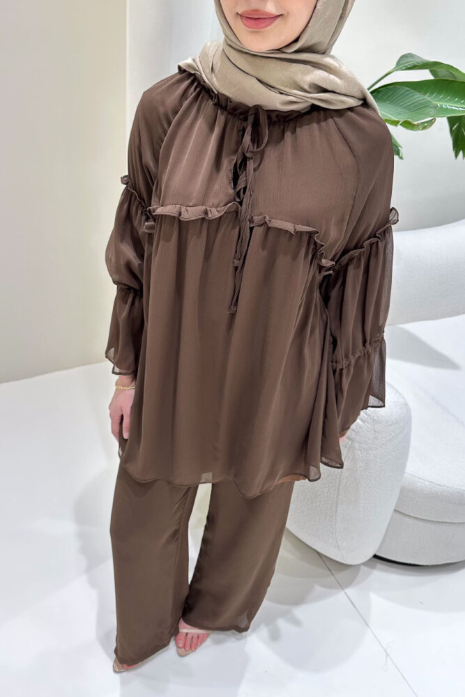 Lunessa Şifon Pantolonlu Takım - Kahverengi - ALLMİSS (3)