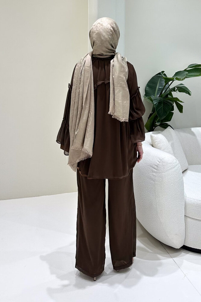 Lunessa Şifon Pantolonlu Takım - Kahverengi - 7