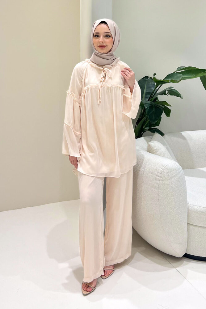 Lunessa Şifon Pantolonlu Takım - Pudra - ALLMİSS (4)