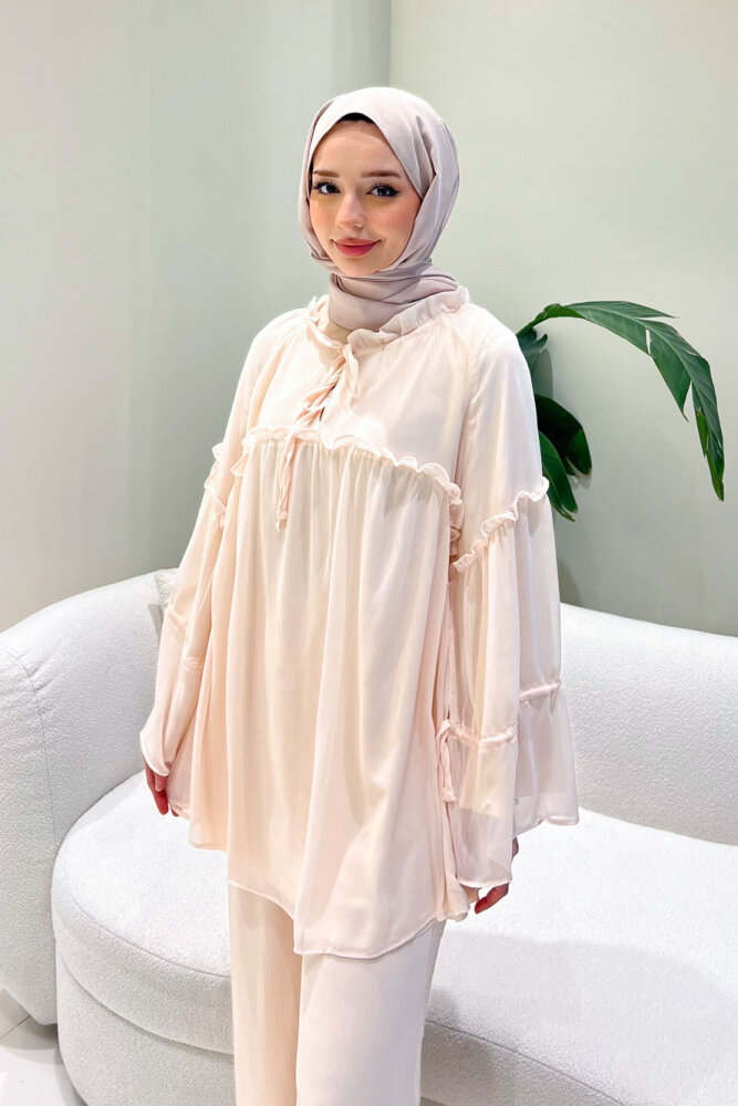 Lunessa Şifon Pantolonlu Takım - Pudra - 3