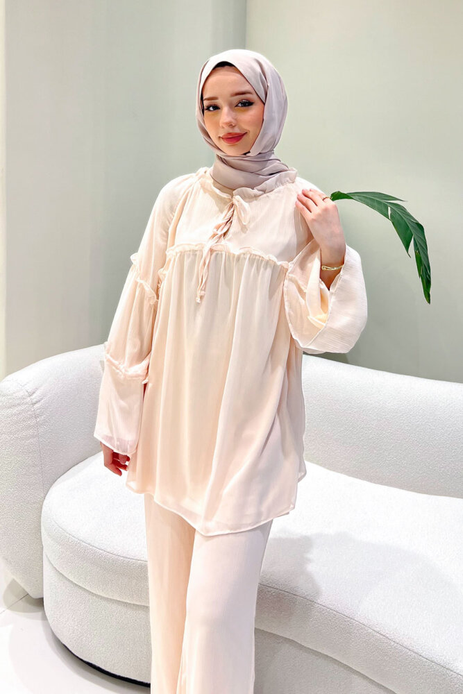 Lunessa Şifon Pantolonlu Takım - Pudra - 7