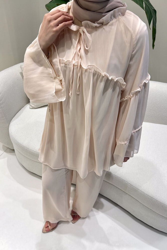 Lunessa Şifon Pantolonlu Takım - Pudra - 4