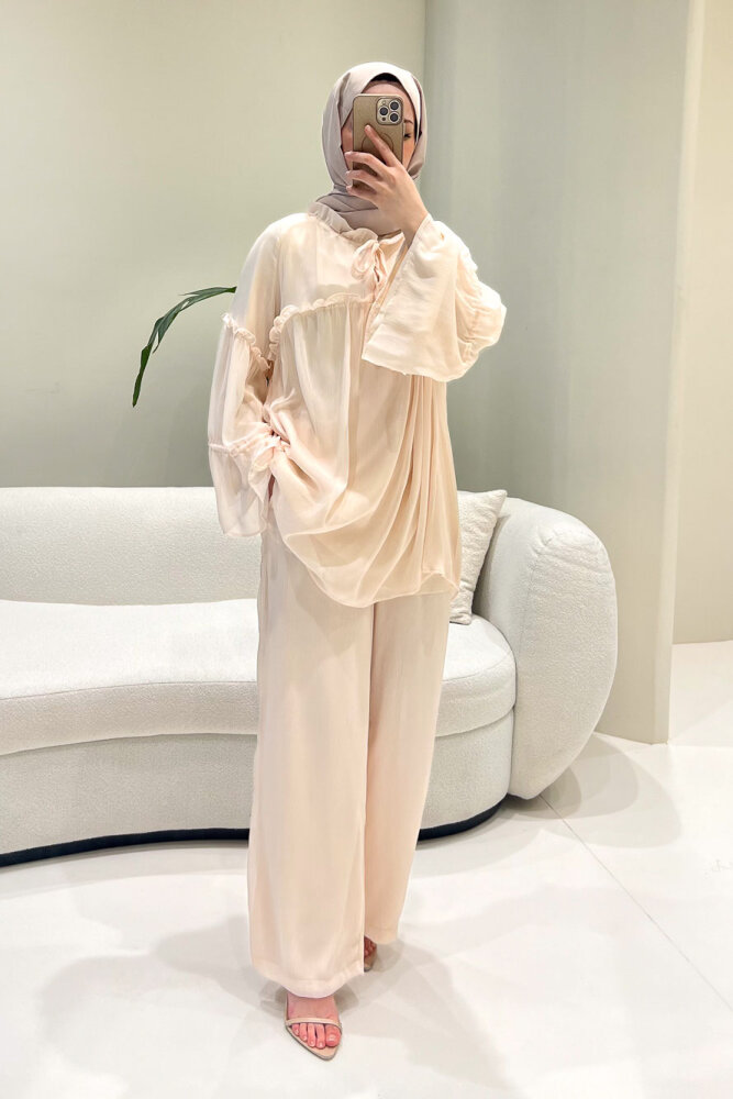 Lunessa Şifon Pantolonlu Takım - Pudra - ALLMİSS (1)