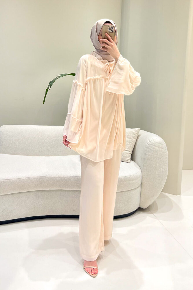 Lunessa Şifon Pantolonlu Takım - Pudra - ALLMİSS (5)