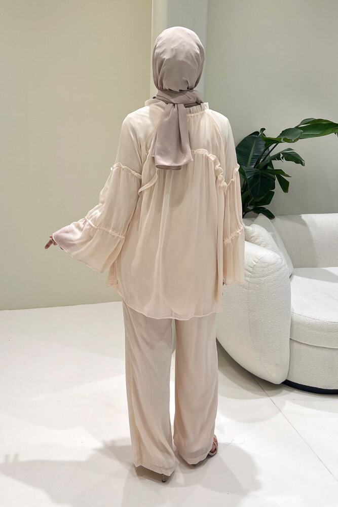 Lunessa Şifon Pantolonlu Takım - Pudra - 8
