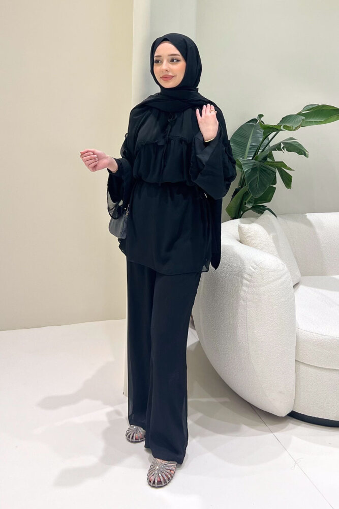 Lunessa Şifon Pantolonlu Takım - Siyah - 6