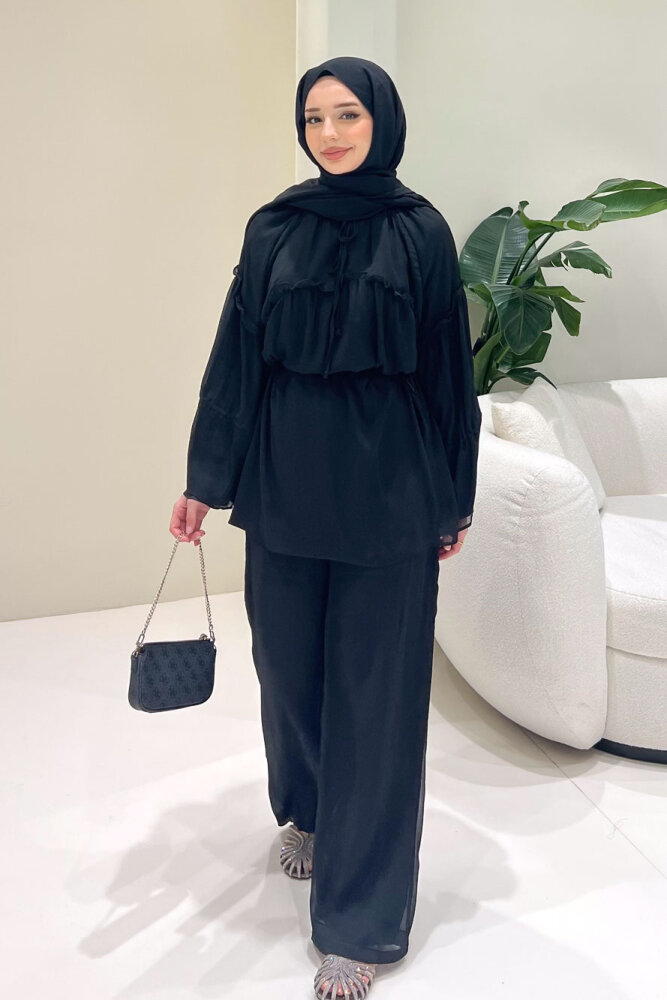 Lunessa Şifon Pantolonlu Takım - Siyah - 3