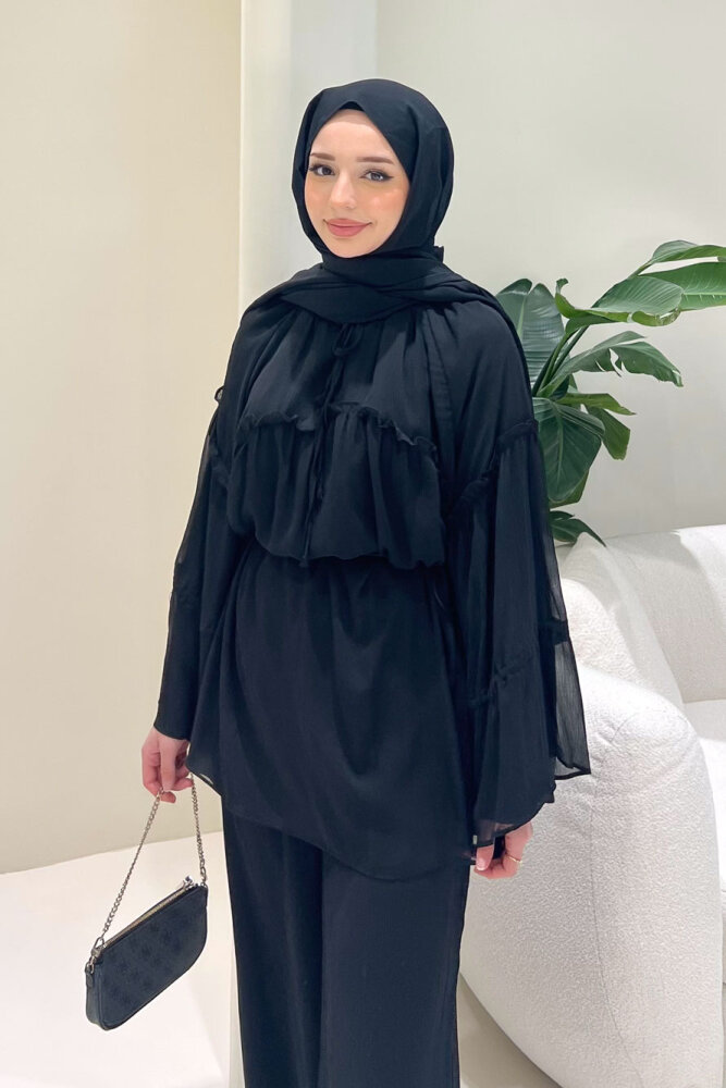 Lunessa Şifon Pantolonlu Takım - Siyah - ALLMİSS (1)