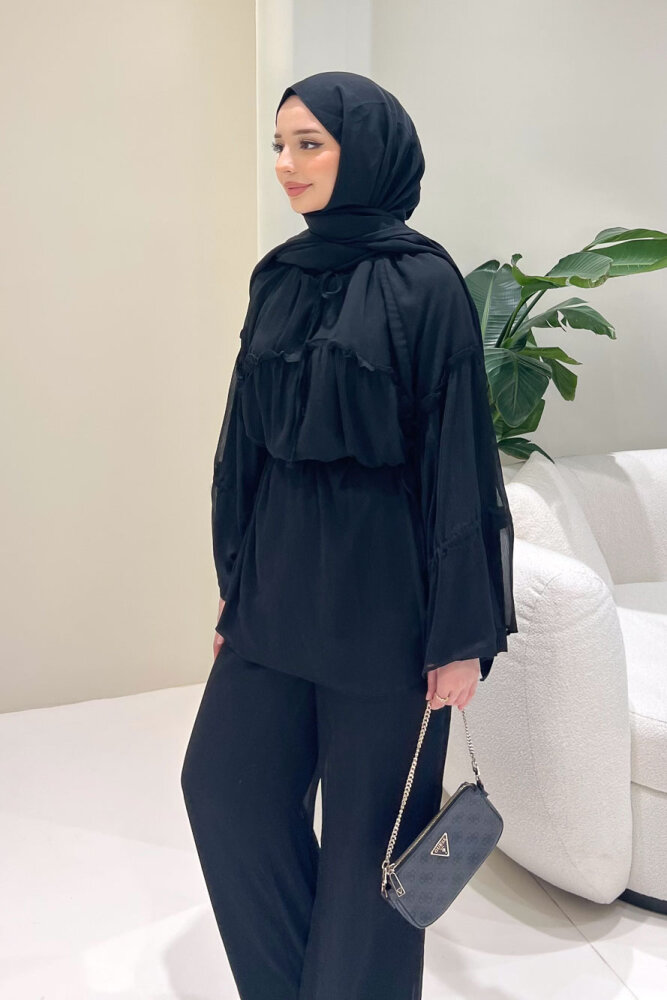 Lunessa Şifon Pantolonlu Takım - Siyah - 4