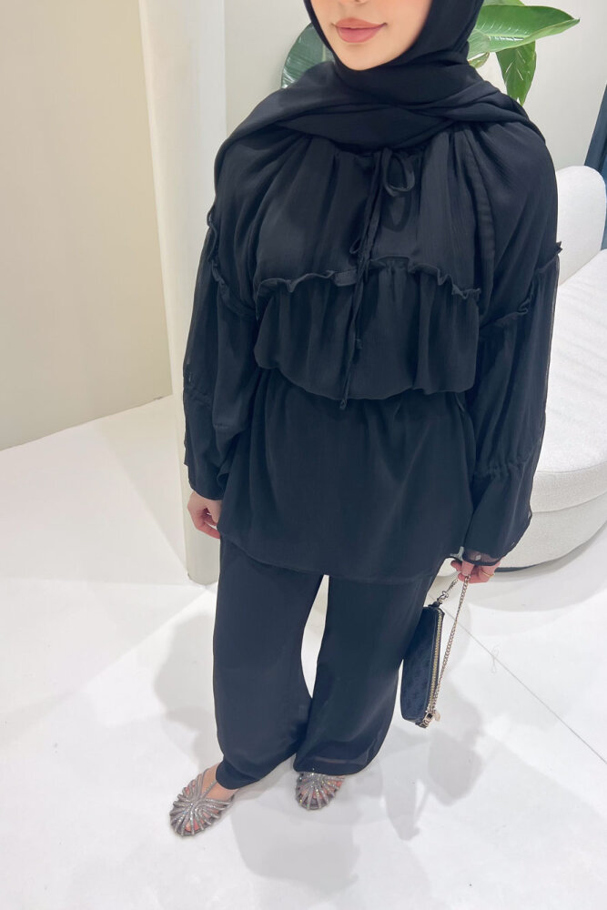 Lunessa Şifon Pantolonlu Takım - Siyah - 5
