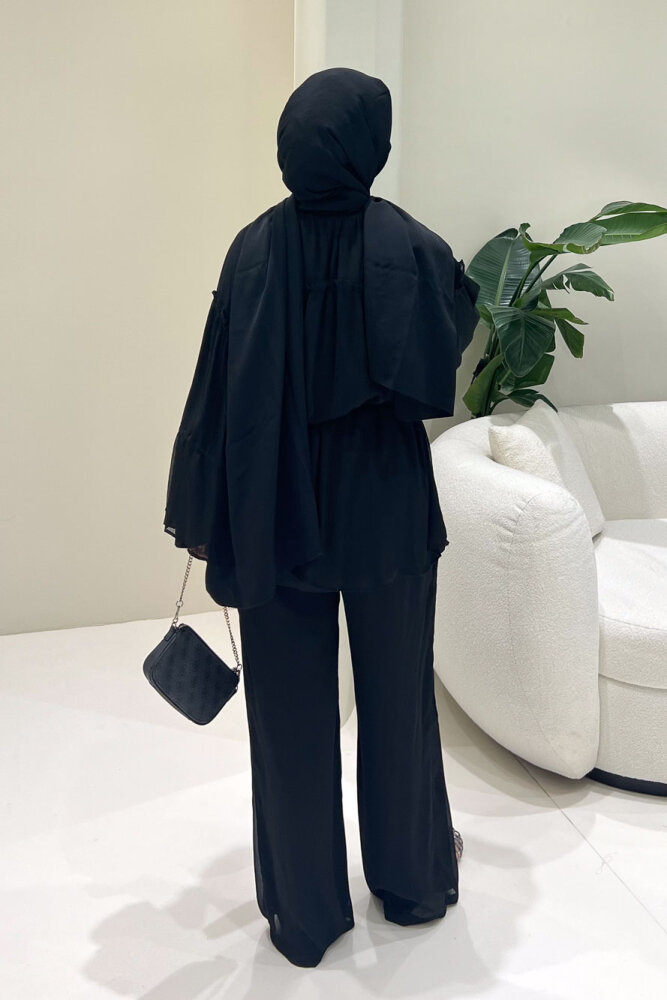 Lunessa Şifon Pantolonlu Takım - Siyah - 8