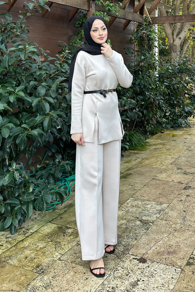 Luxe Scuba Pantolonlu Takım - Bej - JOUE (2)