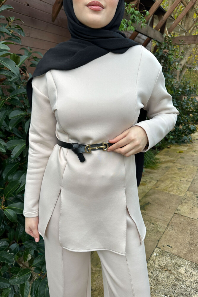 Luxe Scuba Pantolonlu Takım - Bej - 5