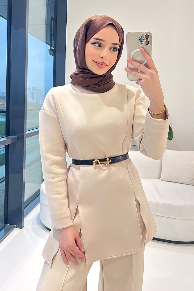 Luxe Scuba Pantolonlu Takım - Bej - 1