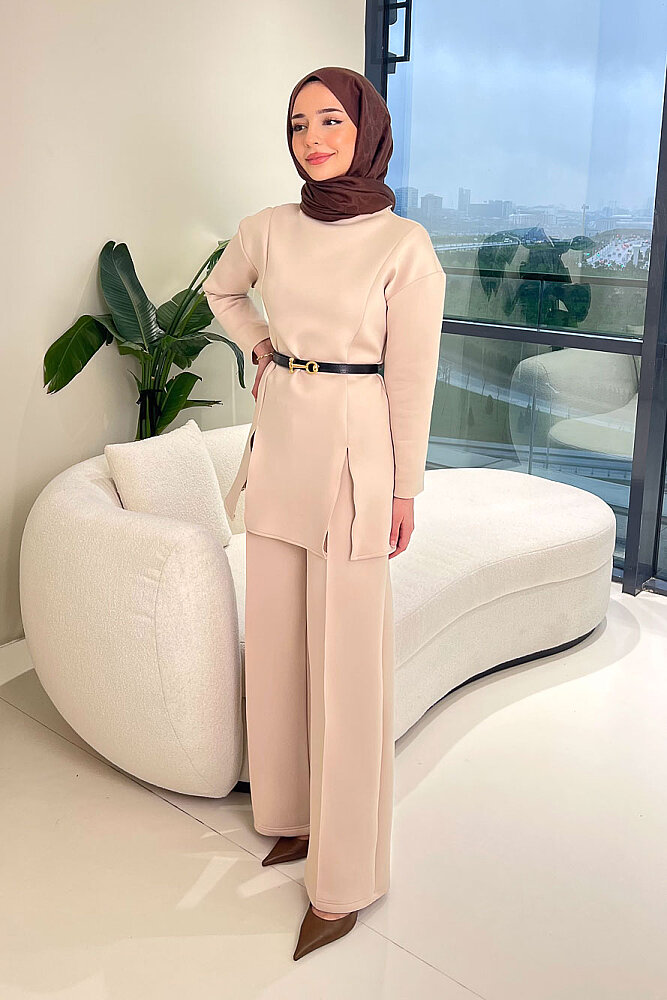 Luxe Scuba Pantolonlu Takım - Bej - 6