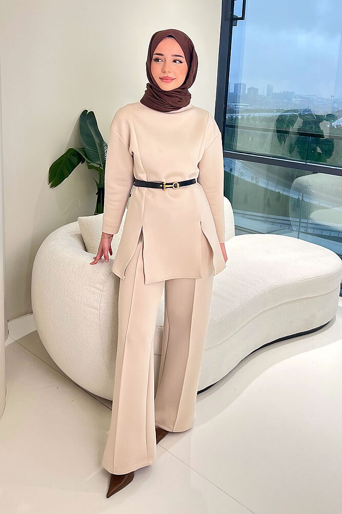 Luxe Scuba Pantolonlu Takım - Bej - 4