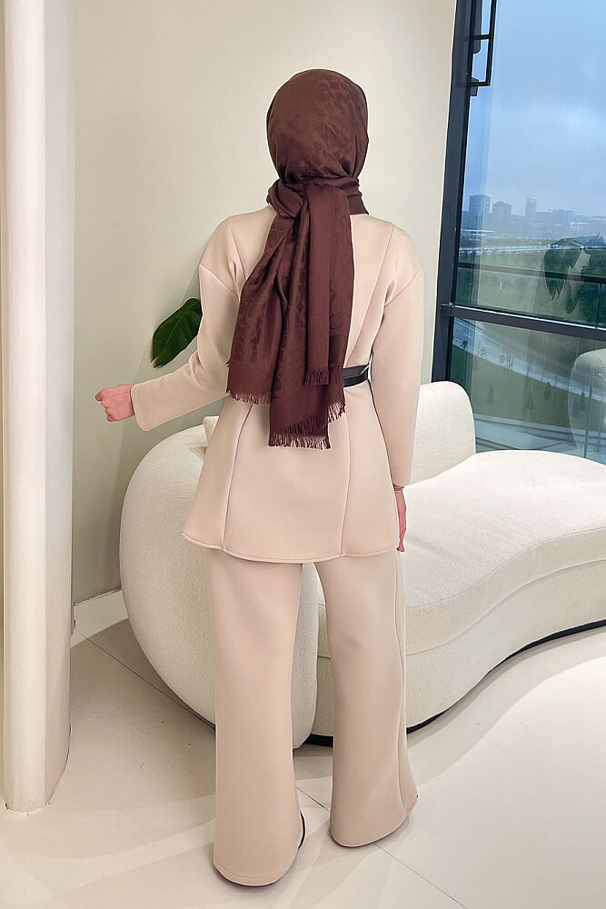 Luxe Scuba Pantolonlu Takım - Bej - 8