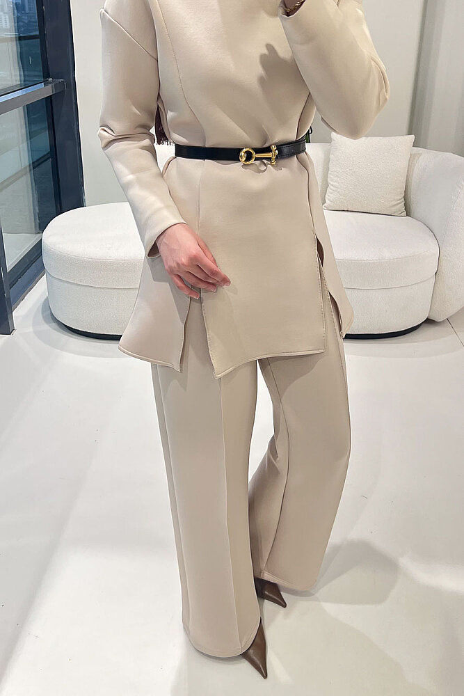 Luxe Scuba Pantolonlu Takım - Bej - 2