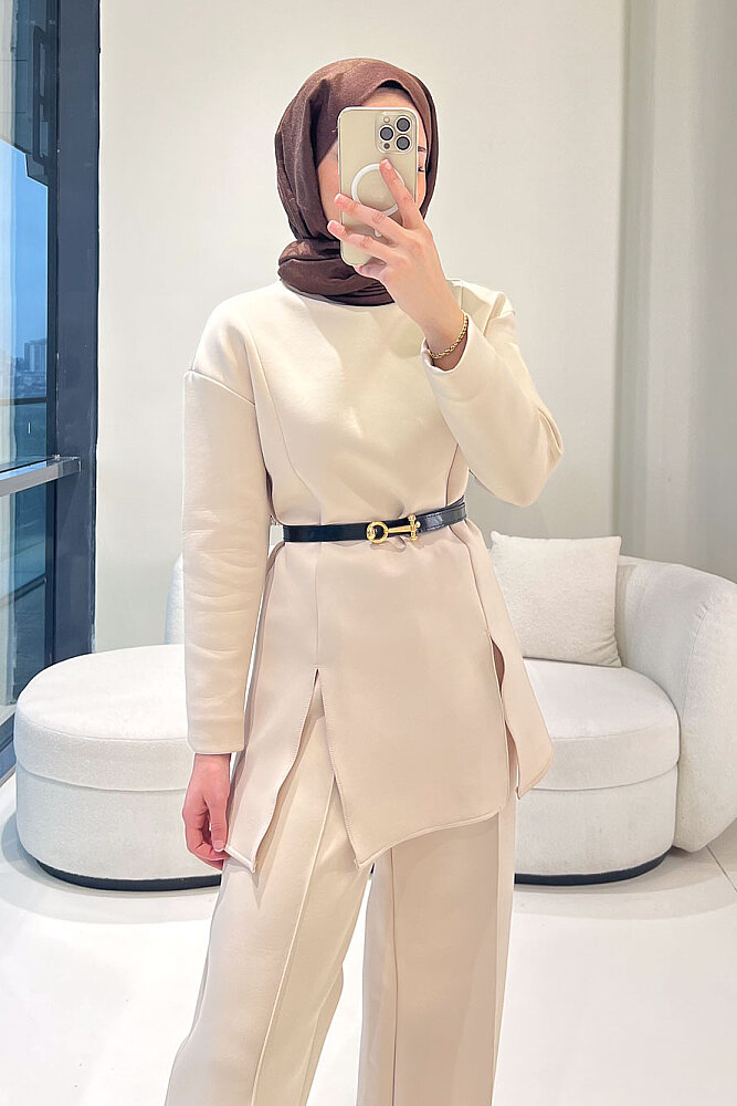 Luxe Scuba Pantolonlu Takım - Bej - 5