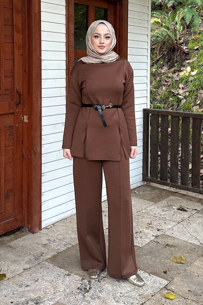 Luxe Scuba Pantolonlu Takım - Kahverengi - JOUE (1)
