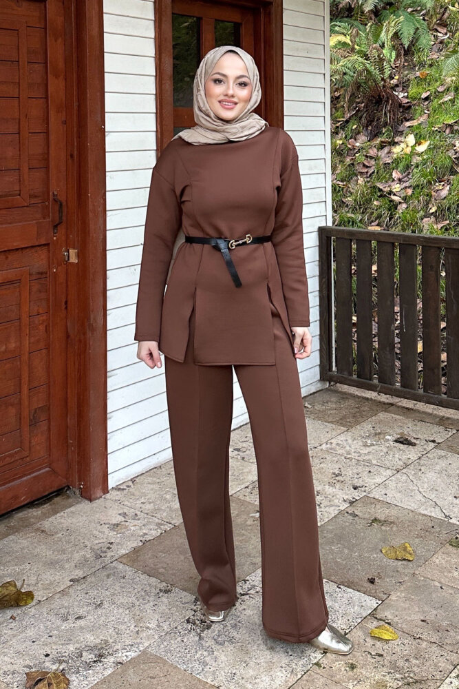 Luxe Scuba Pantolonlu Takım - Kahverengi - 4