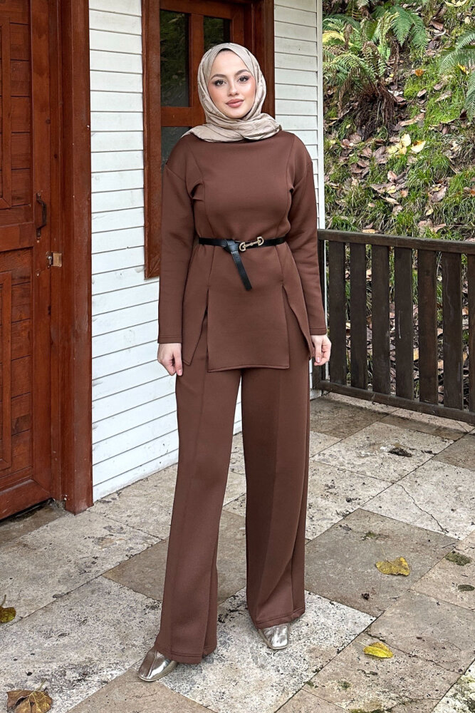 Luxe Scuba Pantolonlu Takım - Kahverengi - JOUE (5)