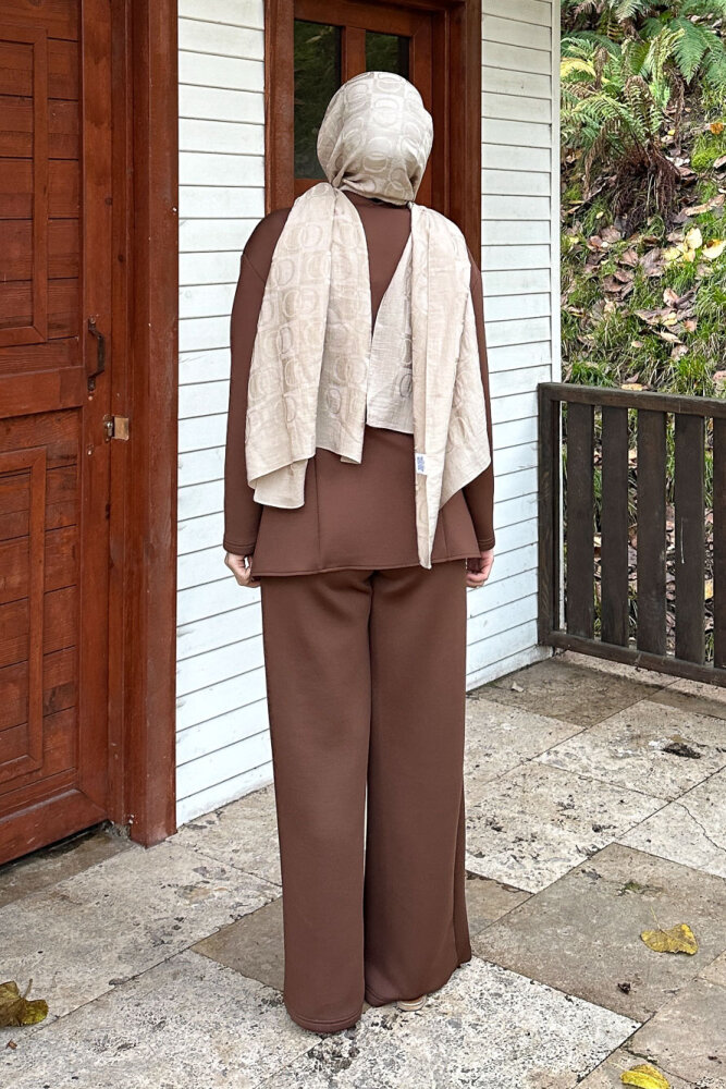 Luxe Scuba Pantolonlu Takım - Kahverengi - 7