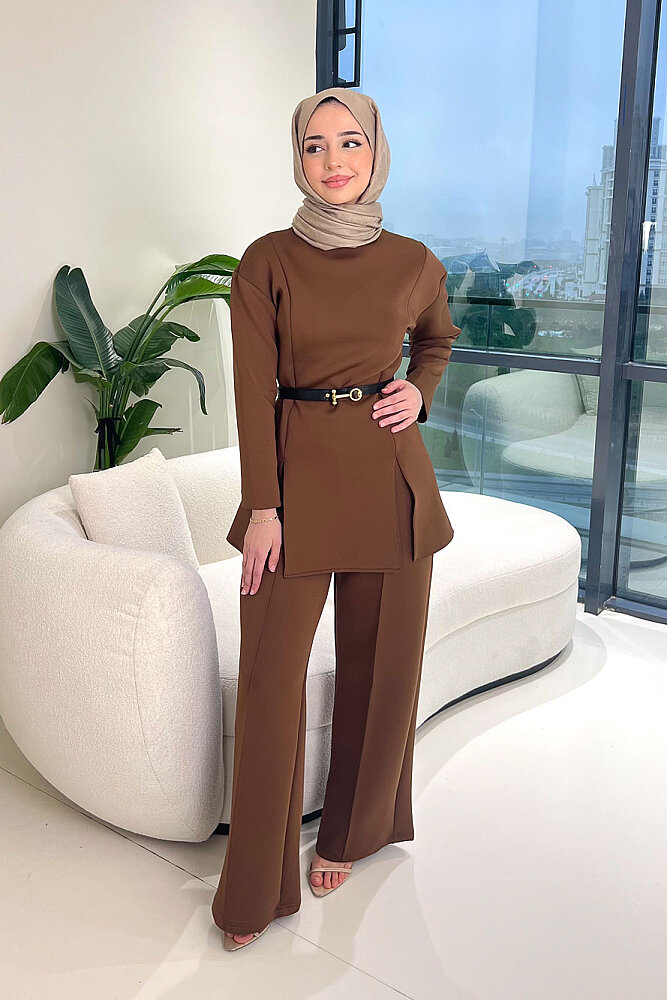 Luxe Scuba Pantolonlu Takım - Kahverengi - JOUE (4)