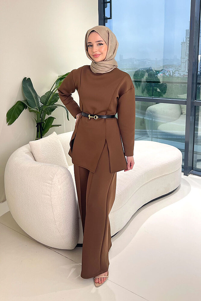 Luxe Scuba Pantolonlu Takım - Kahverengi - 1
