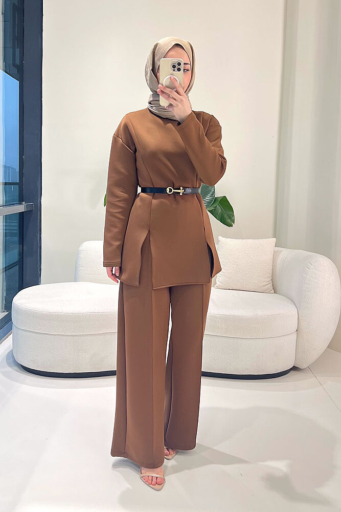 Luxe Scuba Pantolonlu Takım - Kahverengi - 2
