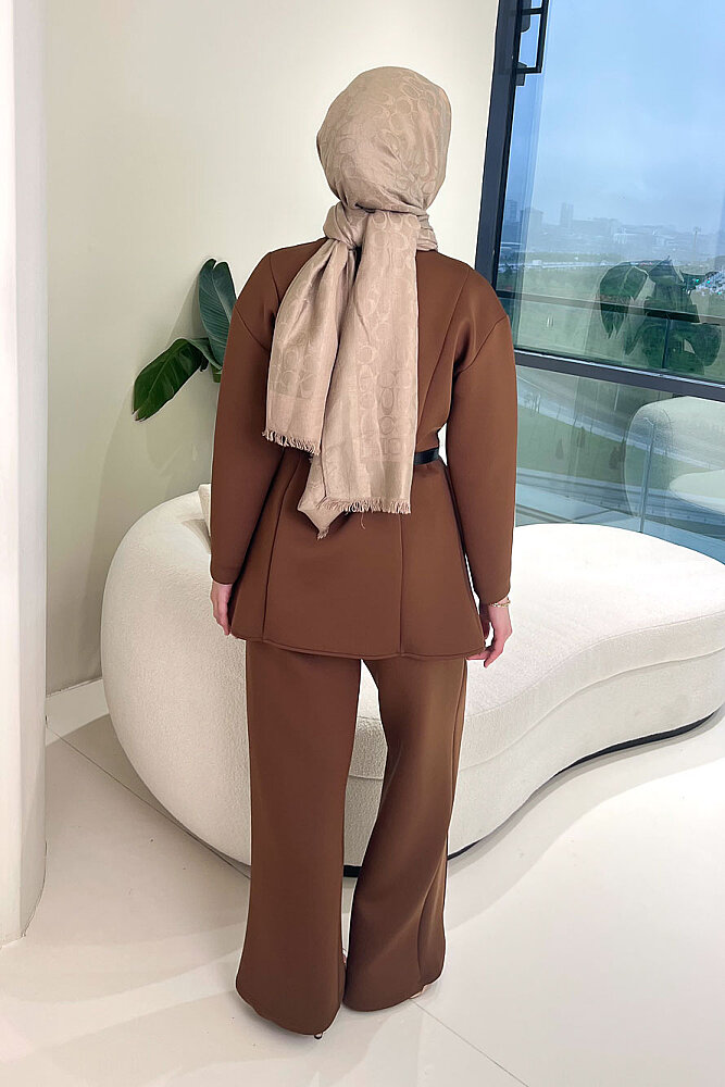 Luxe Scuba Pantolonlu Takım - Kahverengi - JOUE (5)