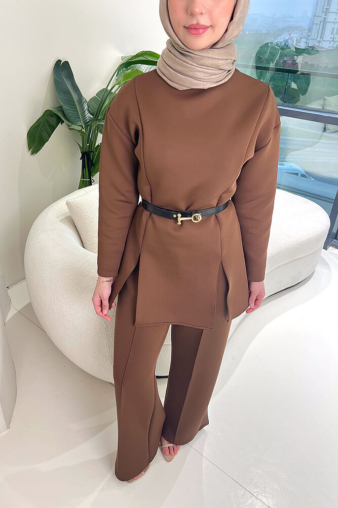 Luxe Scuba Pantolonlu Takım - Kahverengi - 3