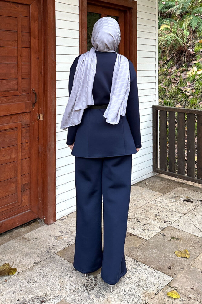 Luxe Scuba Pantolonlu Takım - Lacivert - 5