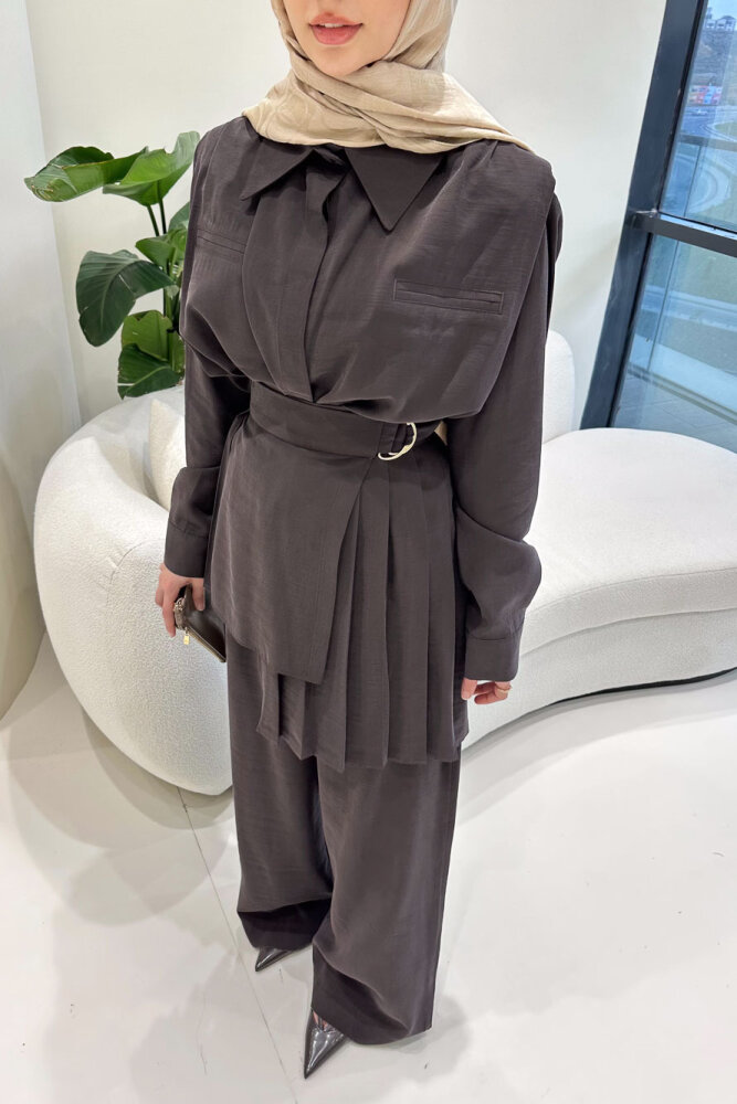 Lynara Yakalı Bluz Pantolon Etek Takım - Kahverengi - 1