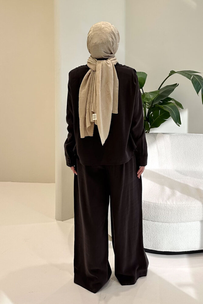 Lynara Yakalı Bluz Pantolon Etek Takım - Kahverengi - 8