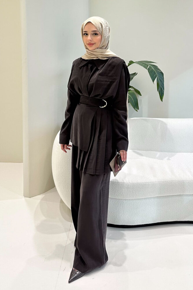 Lynara Yakalı Bluz Pantolon Etek Takım - Kahverengi - HEWES (1)