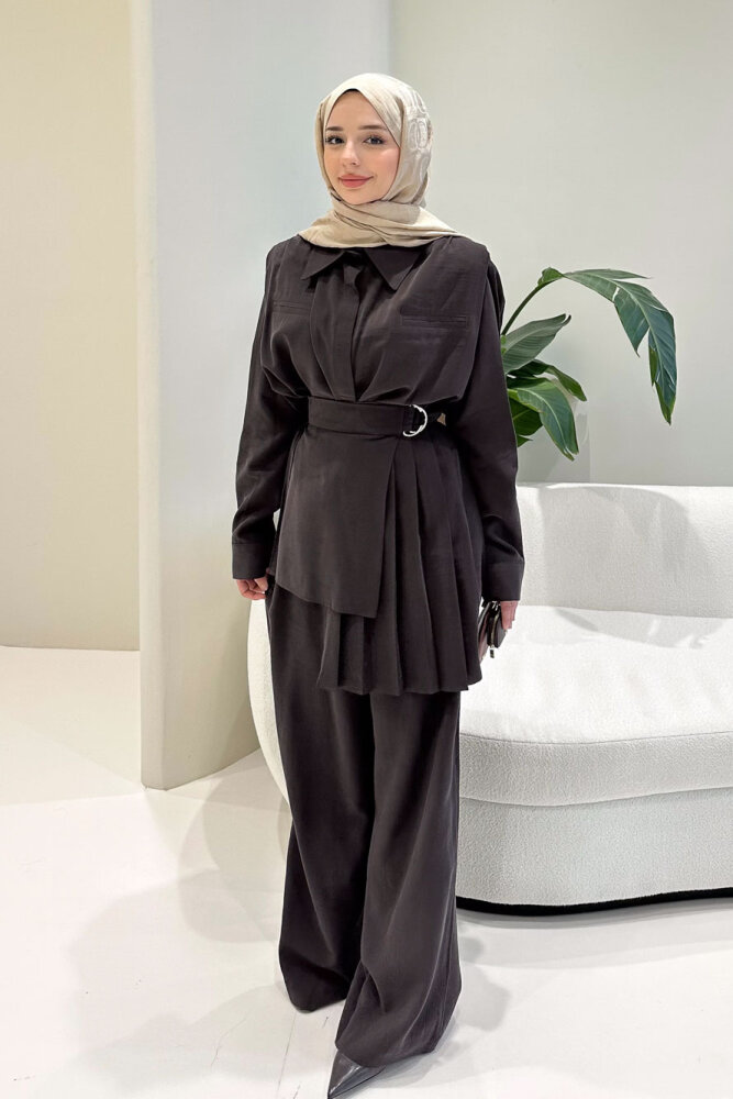 Lynara Yakalı Bluz Pantolon Etek Takım - Kahverengi - 5