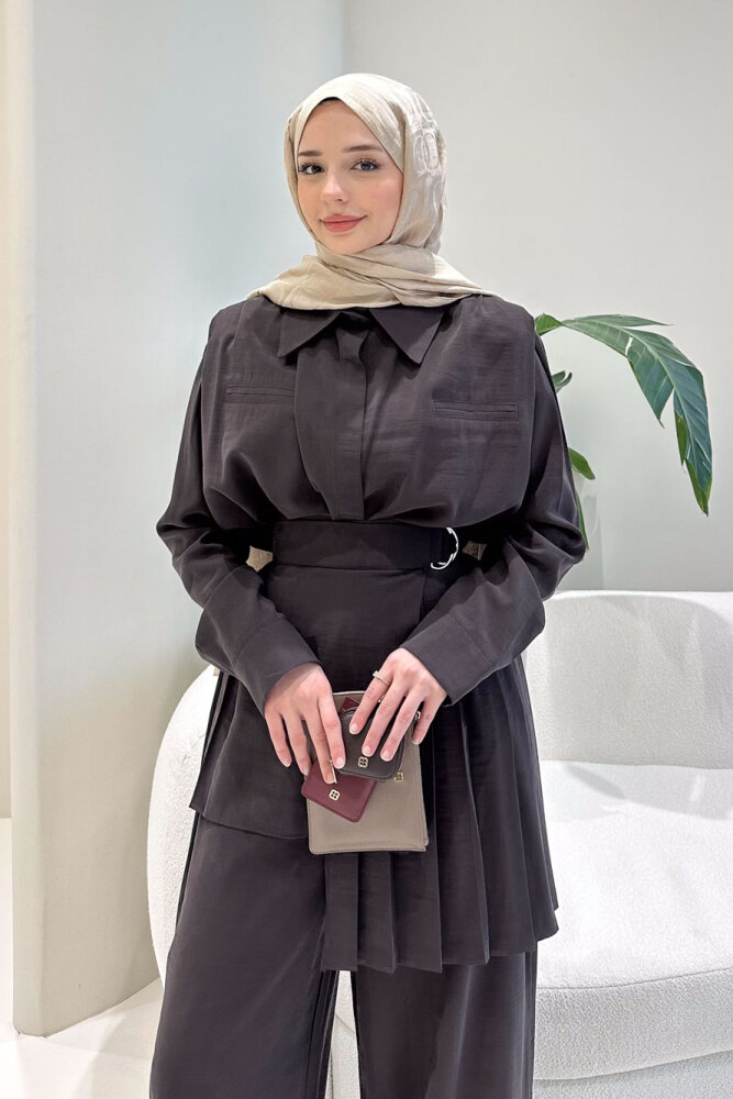 Lynara Yakalı Bluz Pantolon Etek Takım - Kahverengi - HEWES (2)