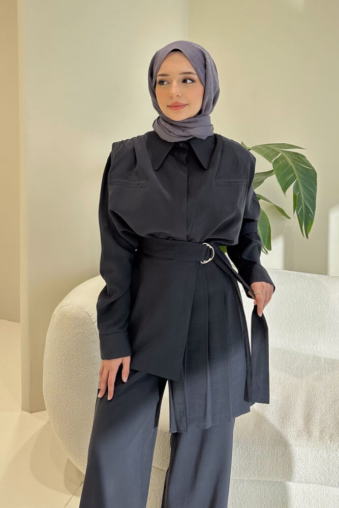 Lynara Yakalı Bluz Pantolon Etek Takım - Lacivert - 1