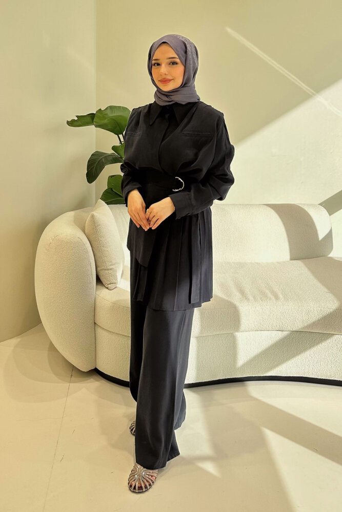 Lynara Yakalı Bluz Pantolon Etek Takım - Lacivert - HEWES (1)