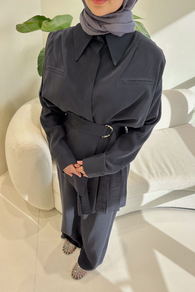 Lynara Yakalı Bluz Pantolon Etek Takım - Lacivert - 3