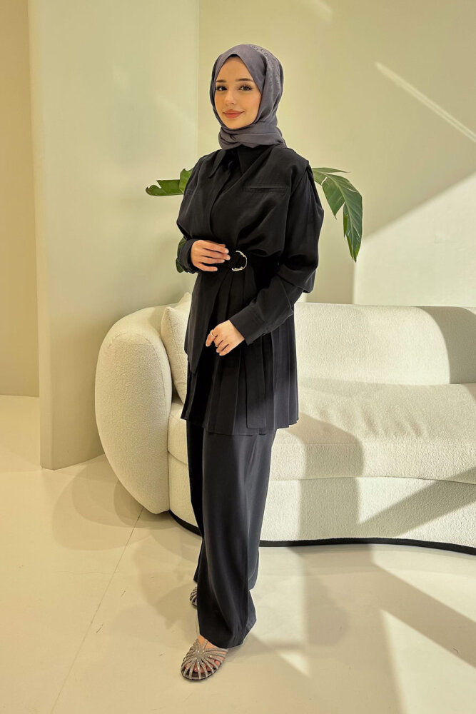 Lynara Yakalı Bluz Pantolon Etek Takım - Lacivert - 5