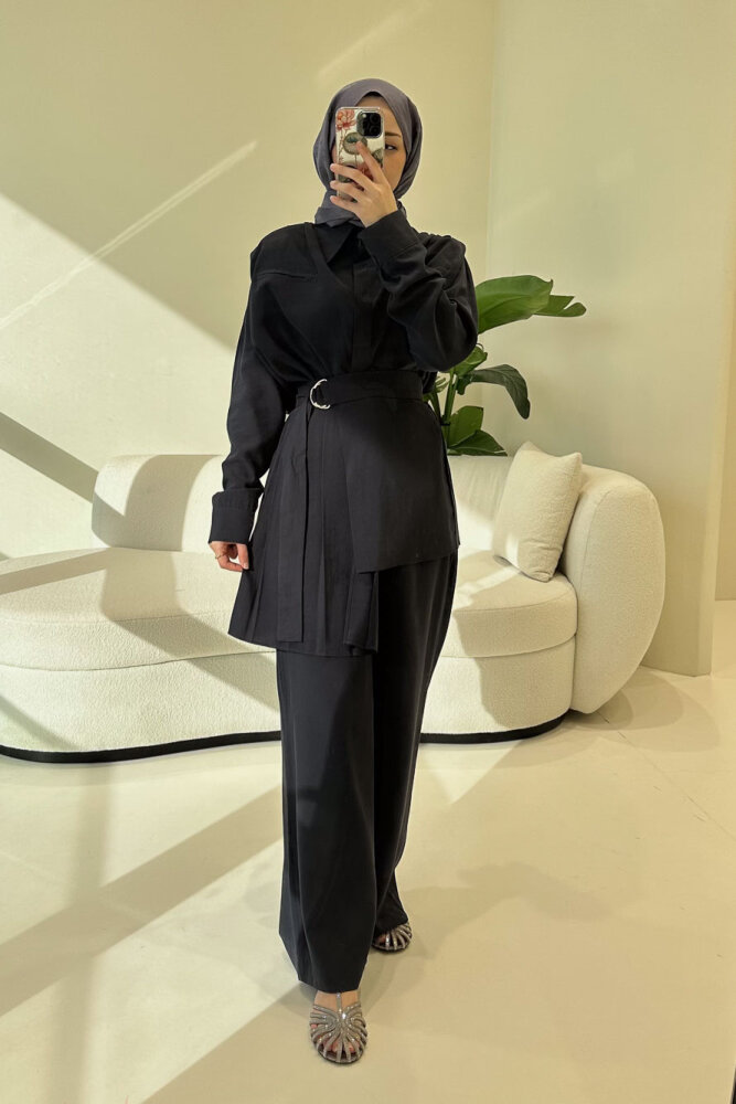 Lynara Yakalı Bluz Pantolon Etek Takım - Lacivert - 4