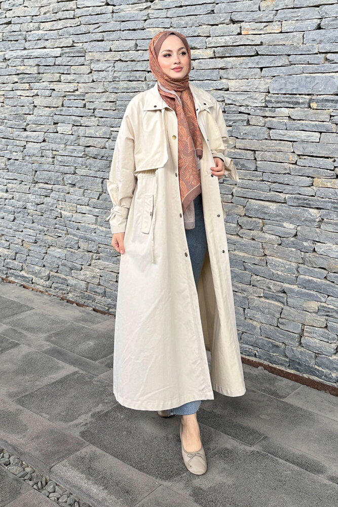 Lyon Beli Büzgülü Tam Boy Trençkot - Bej - ALLMİSS (1)