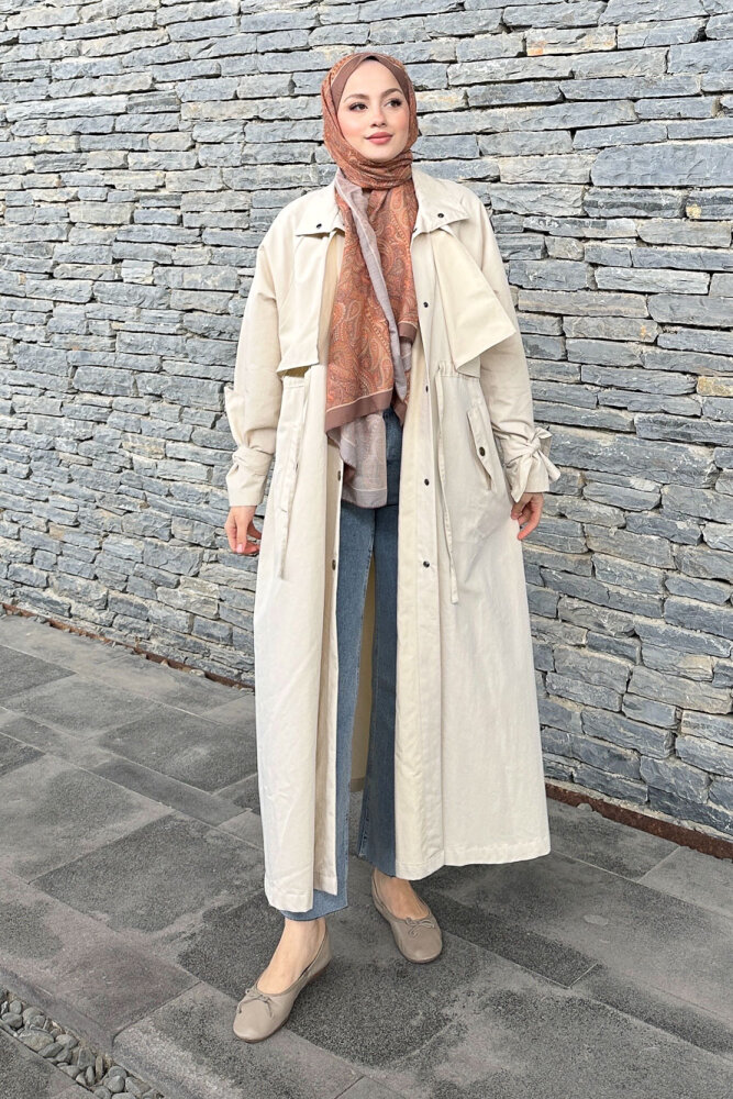 Lyon Beli Büzgülü Tam Boy Trençkot - Bej - ALLMİSS (4)