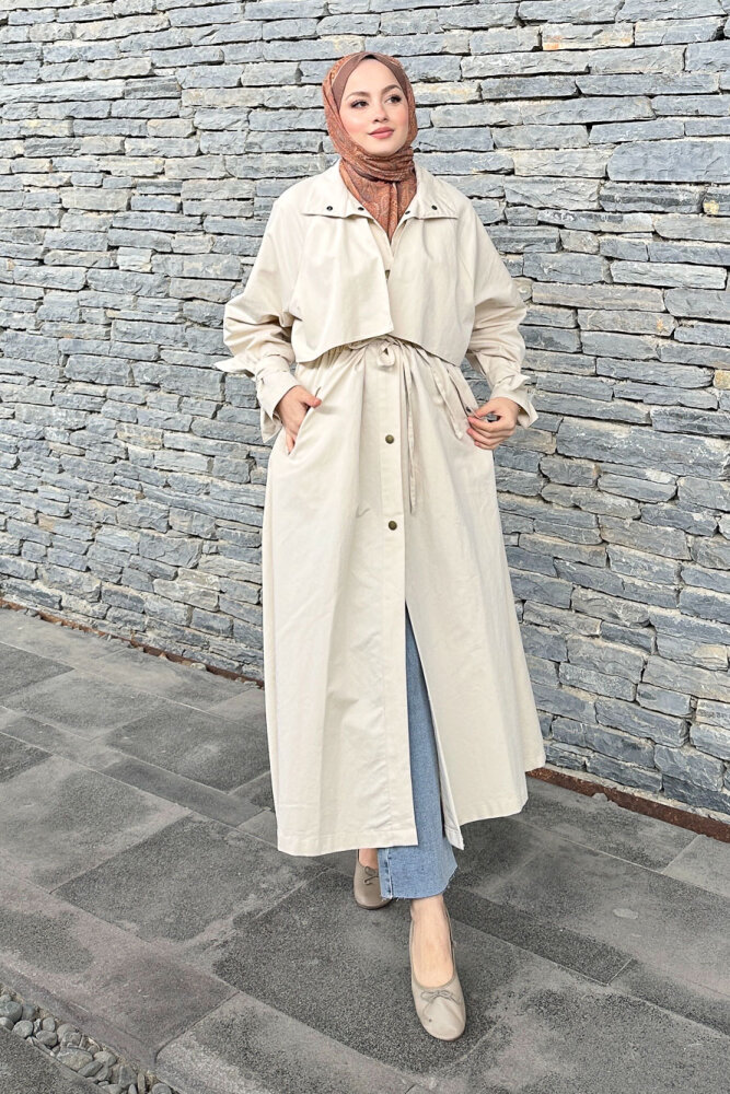Lyon Beli Büzgülü Tam Boy Trençkot - Bej - ALLMİSS (5)
