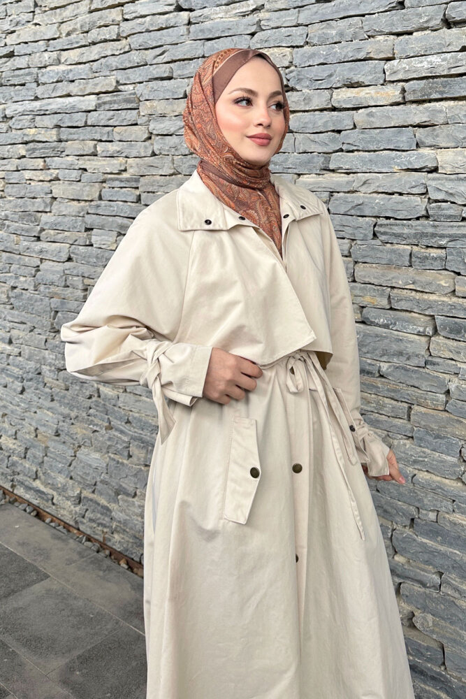 Lyon Beli Büzgülü Tam Boy Trençkot - Bej - ALLMİSS (3)