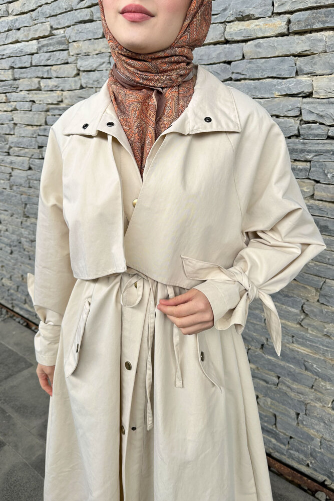 Lyon Beli Büzgülü Tam Boy Trençkot - Bej - ALLMİSS (2)